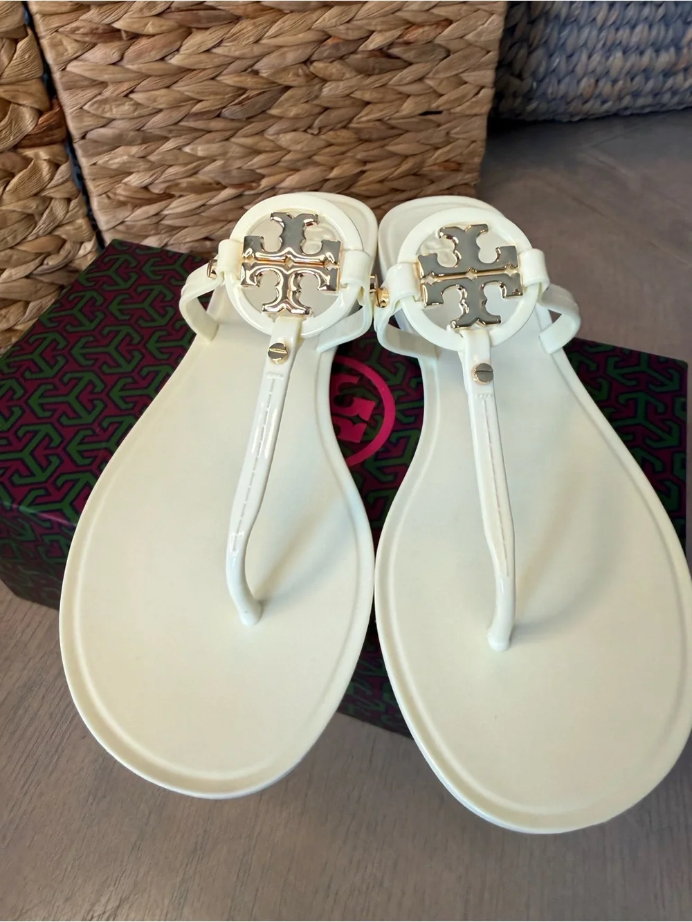 Tory Burch White Miller Logo Thong Sandals with Gold Medallion
